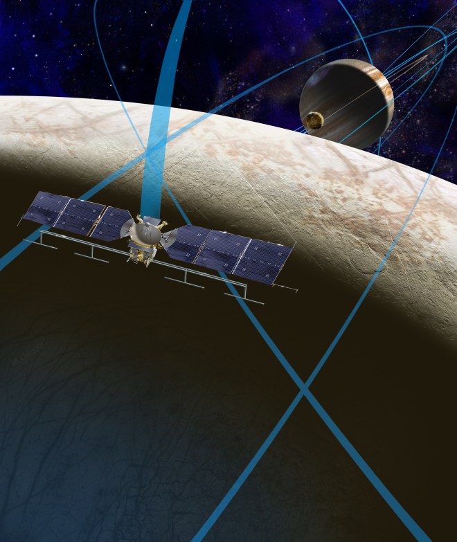 This artist's rendering shows a concept for a future NASA mission to Europa in which a spacecraft would make multiple close flybys of the icy Jovian moon, thought to contain a global subsurface ocean. Credits: NASA/JPL-Caltech